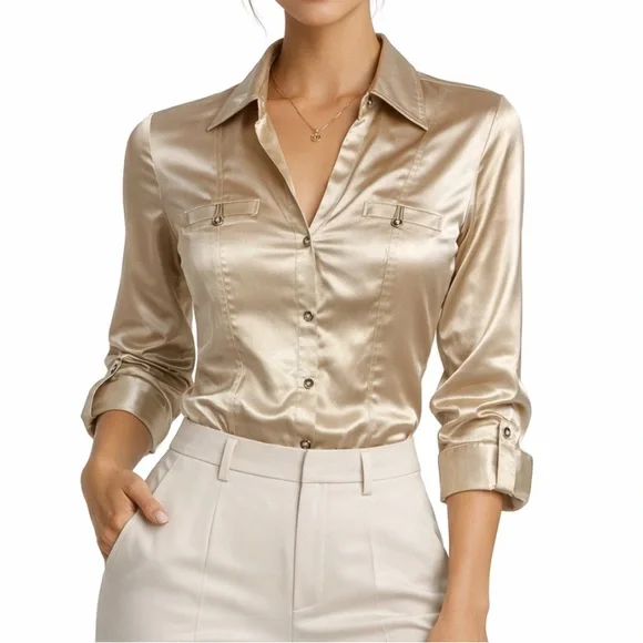 White House Black Market Gold Satin Button Down Shirt - Picture 2 of 10